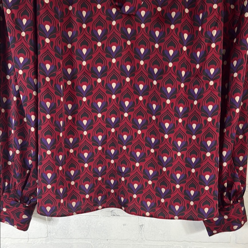 WHBM V-Neck Long Sleeve Printed Blouse - Burgundy Multi Small - Picture 10 of 15